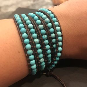 Turquoise blue and brown beaded wrap bracelet.